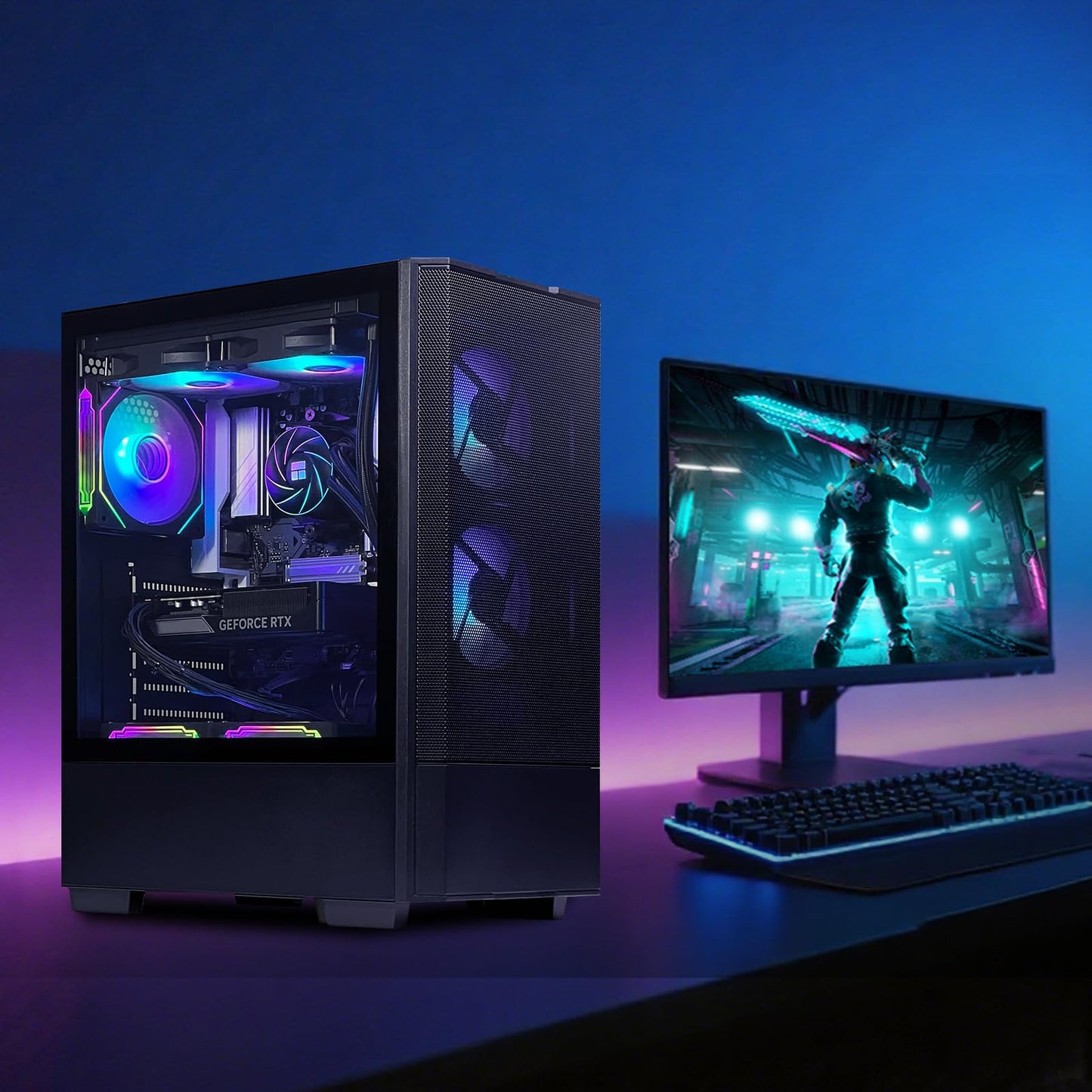 Prebuilt Gaming Desktop PC, AMD Ryzen 5 5500, GeForce RTX 3050 6GB, 16GB DDR4 3200MHz RAM, 1TB NVMe SSD, ARGB Air Cooling, Wi-Fi,Tower Computer for Gaming, Streaming, Editing