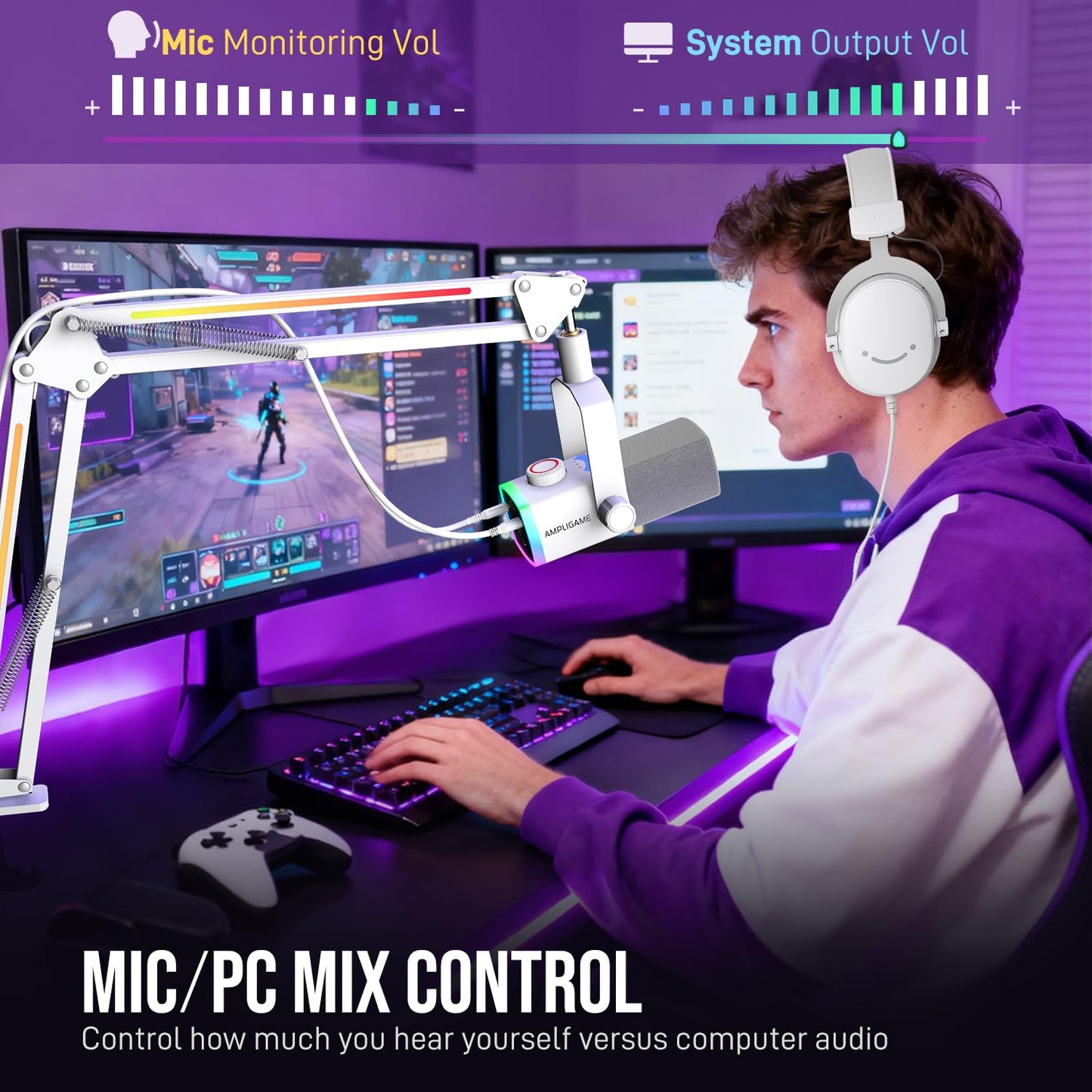 FIFINE Gaming Microphone Kit, XLR/USB Dynamic PC Microphone with Boom Arm for Podcast Recording, RGB Streaming Mic Set, Tap-to-Mute, Mix Control, Headphone Jack-AmpliGame AM8PROT