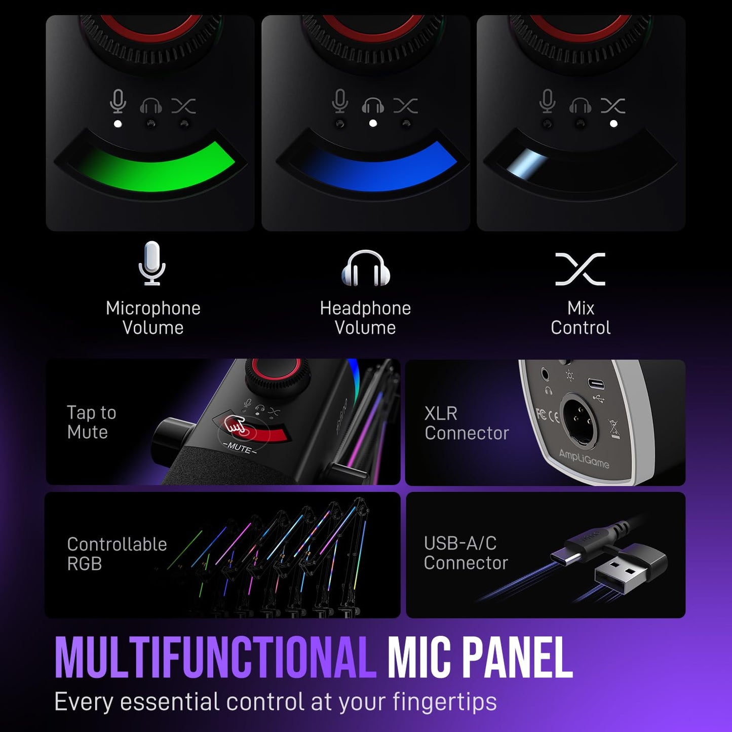 FIFINE Gaming Microphone Kit, XLR/USB Dynamic PC Microphone with Boom Arm for Podcast Recording, RGB Streaming Mic Set, Tap-to-Mute, Mix Control, Headphone Jack-AmpliGame AM8PROT