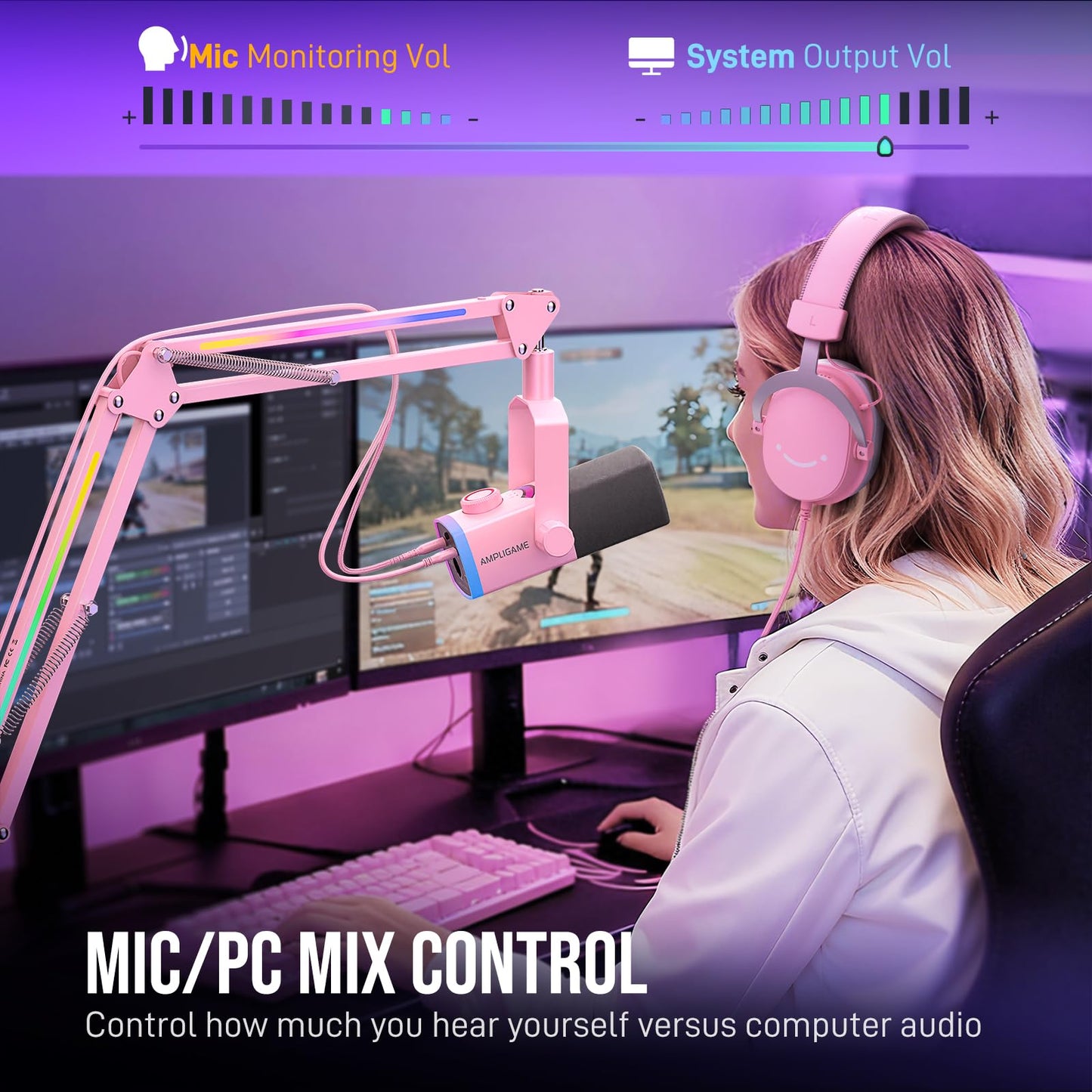 FIFINE Gaming Microphone Kit, XLR/USB Dynamic PC Microphone with Boom Arm for Podcast Recording, RGB Streaming Mic Set, Tap-to-Mute, Mix Control, Headphone Jack-AmpliGame AM8PROT