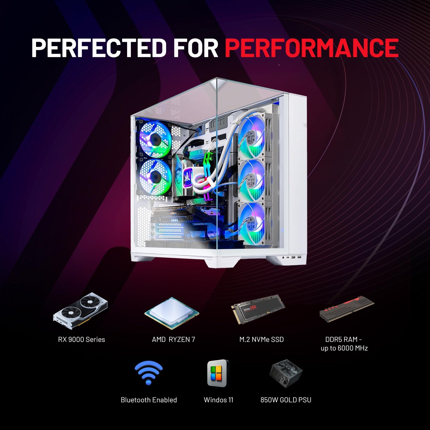Skytech Gaming Azure 3 Gaming PC, AMD Ryzen 5 5500 3.6GHz, AMD RX 9060 8GB VRAM, 1TB NVMe SSD, 32GB DDR4 RAM 3200, 650W Gold PSU, WI-FI 5, Windows 11, Desktop
