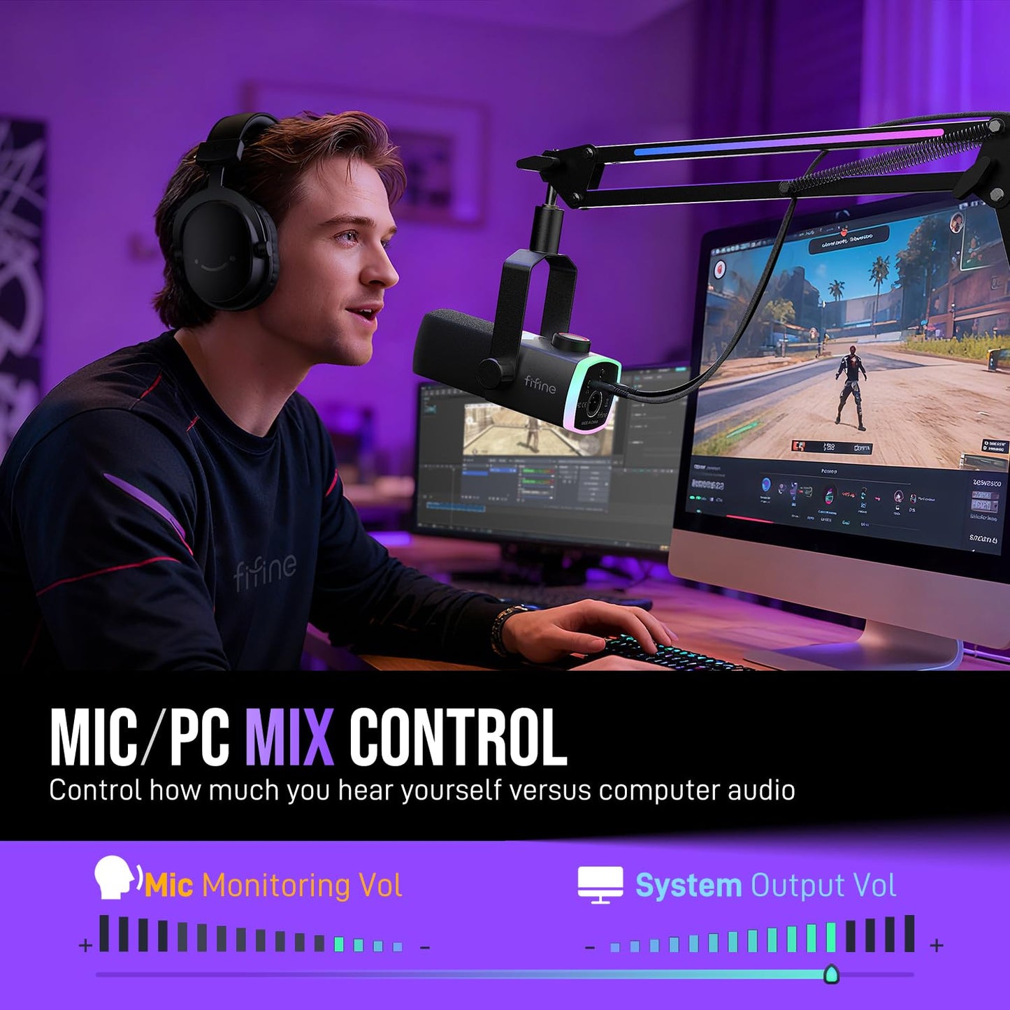 FIFINE Gaming Microphone Kit, XLR/USB Dynamic PC Microphone with Boom Arm for Podcast Recording, RGB Streaming Mic Set, Tap-to-Mute, Mix Control, Headphone Jack-AmpliGame AM8PROT