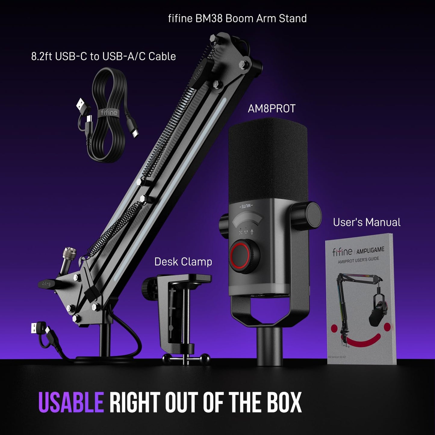 FIFINE Gaming Microphone Kit, XLR/USB Dynamic PC Microphone with Boom Arm for Podcast Recording, RGB Streaming Mic Set, Tap-to-Mute, Mix Control, Headphone Jack-AmpliGame AM8PROT